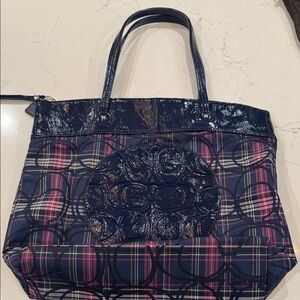 Coach Navy and Pink Plaid Tote Bag